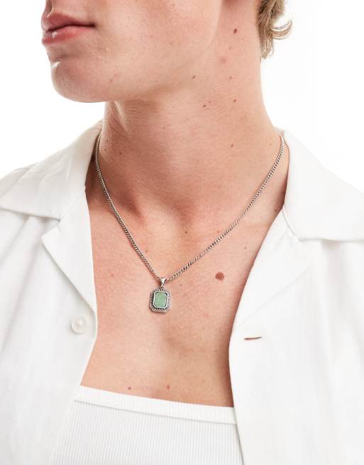 ASOS DESIGN – Naszyjnik w kolorze srebra z kwadratową zawieszką z jadeitowym kamieniem półszlachetnym