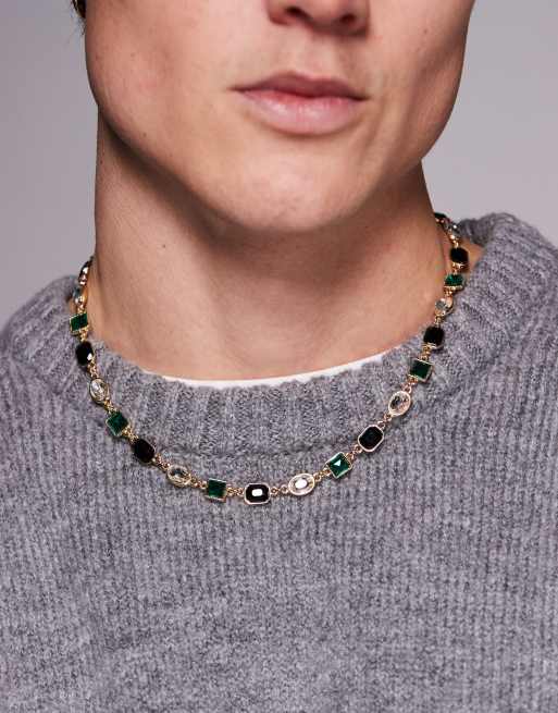 ASOS DESIGN – Naszyjnik w kolorze złota z kamieniami w kolorze szmaragdowym, czarnym oraz bezbarwnymi kryształkami 