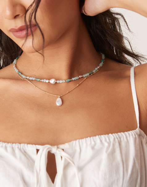 ASOS DESIGN – Naszyjnik wielorzędowy w kolorze złota ze sztucznymi perełkami i niebieskimi koralikami - view 1