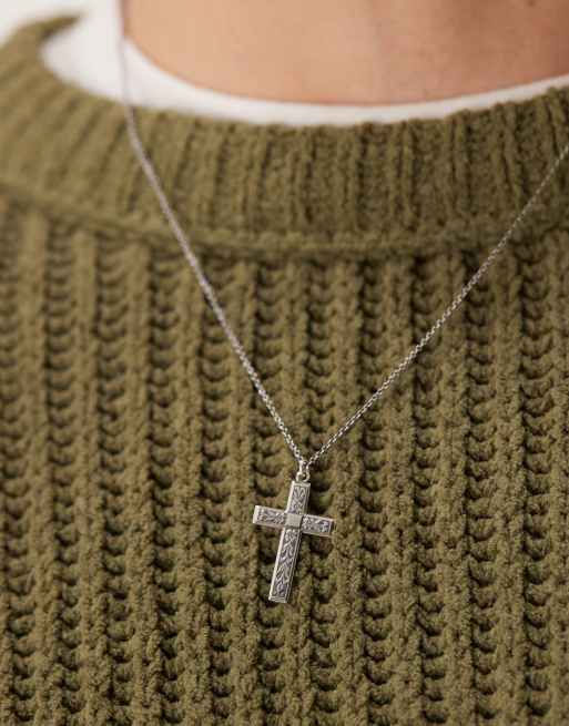 ASOS DESIGN – Naszyjnik z fakturowaną zawieszką z krzyżykiem ze srebra wysokiej próby