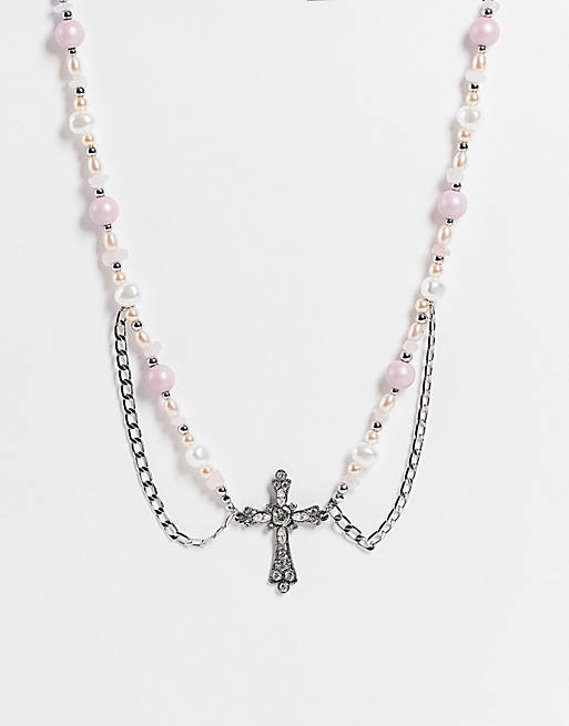 ASOS DESIGN – Naszyjnik z imitacją pereł, krzyżem i łańcuszkami w kolorze srebrnym