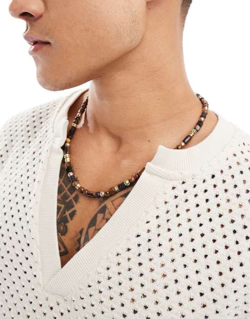 ASOS DESIGN – Naszyjnik z koralikami z kamieni półszlachetnych w odcieniu brązu 