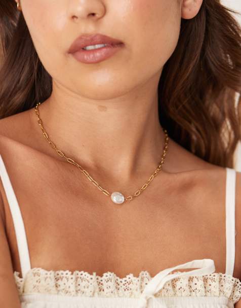 ASOS DESIGN – Naszyjnik z wodoodpornej stali nierdzewnej w kolorze złota ze sztuczną perłą - view 1