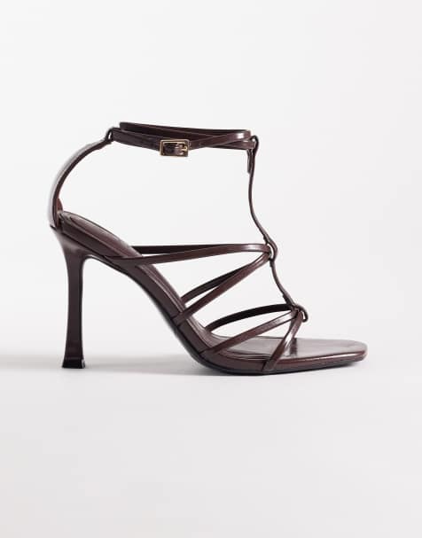ASOS DESIGN Natalia caged T bar high heel sandals in chocolate - view 1