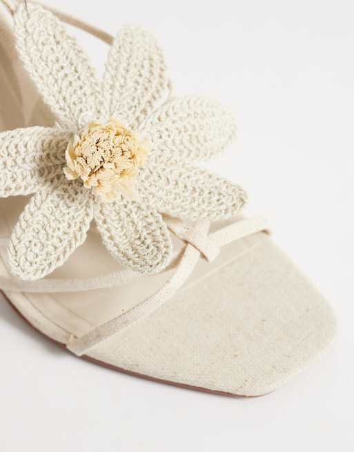 ASOS DESIGN Natalia flower trim caged T bar high heel sandals in natural linen, 3 of 4