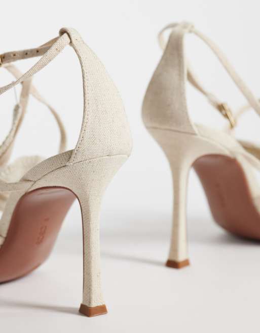 ASOS DESIGN Natalia flower trim caged T bar high heel sandals in natural linen, 4 of 4