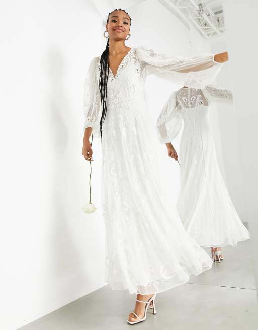 ASOS DESIGN - Natalia - Geborduurde maxi trouwjurk van dobbystof in wit
