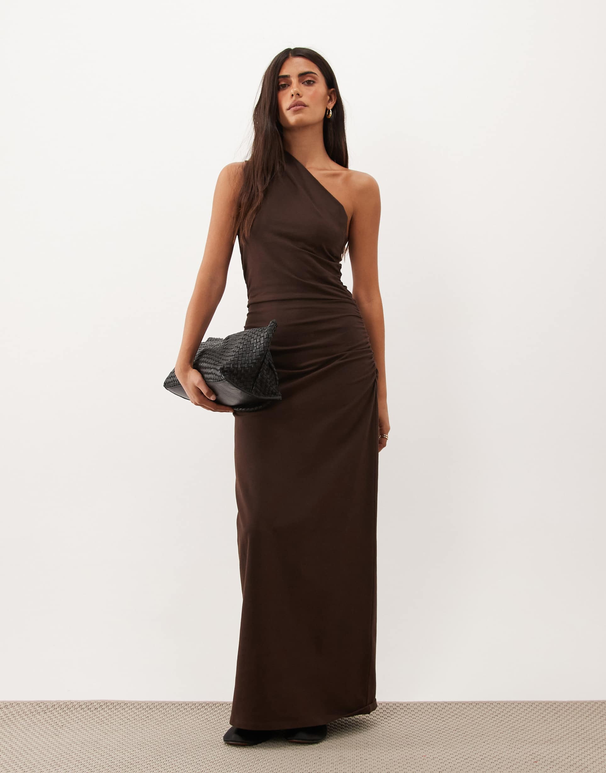 asos design nathalie one shoulder maxi dress in chocolate