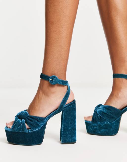 Blue velvet chunky store heels