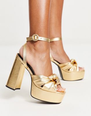 ASOS DESIGN Natia knotted platform heeled sandals in gold | ASOS