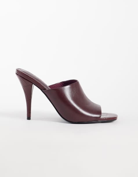 ASOS DESIGN Native cone heeled mules in burgundy - view 1