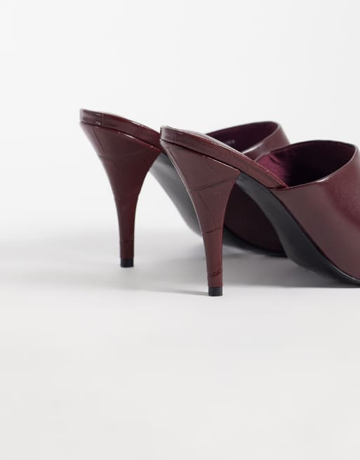 ASOS DESIGN Native cone heeled mules in burgundy, 2 of 4