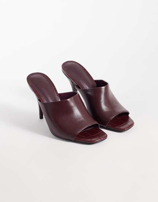 ASOS DESIGN Native cone heeled mules in burgundy, 3 of 4