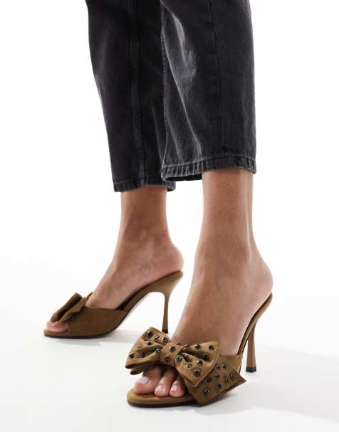 ASOS DESIGN Natter bow detail high heeled mules in sand - view 1