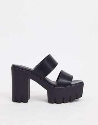 black chunky heel mules