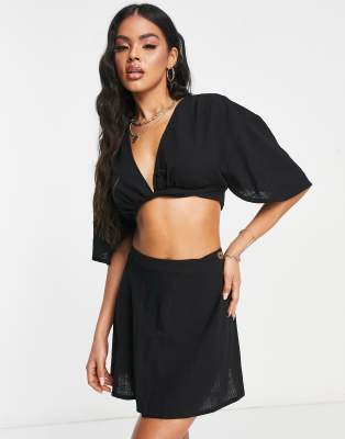 Asos Design Natural Beach Wrap Front Mini Skirt In Black - Part Of A Set