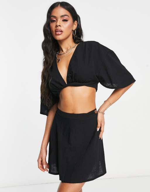 ASOS DESIGN natural beach wrap front mini skirt in black - part of a set