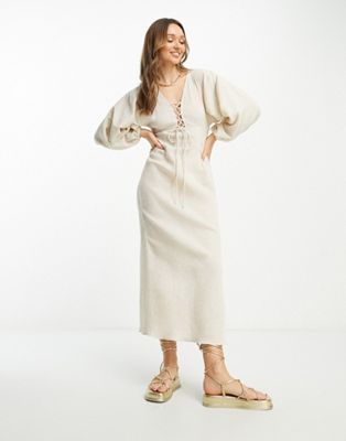 ASOS DESIGN natural crinkle bias maxi dress with lace-up detail in natural