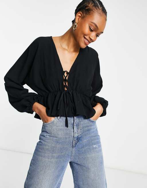 ASOS DESIGN natural crinkle lace up front top in black