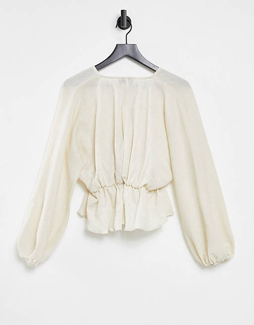 Women Shirts & Blouses/natural crinkle lace up front top in oatmeal 