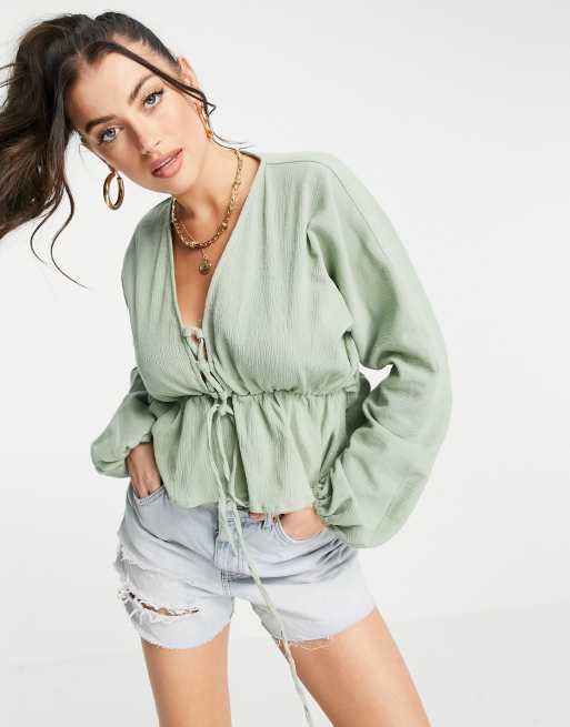 ASOS DESIGN natural crinkle lace up front top in sage