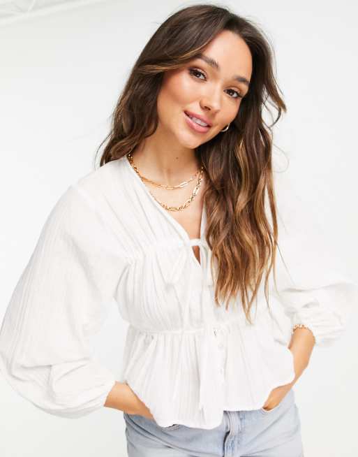 ASOS DESIGN long sleeve tie front deep plunge shirt