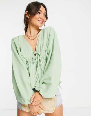 ASOS DESIGN natural crinkle top with side ties in sage
