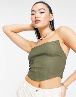 Asos Design Natural Effect Corset Top With Seaming In Khaki-green