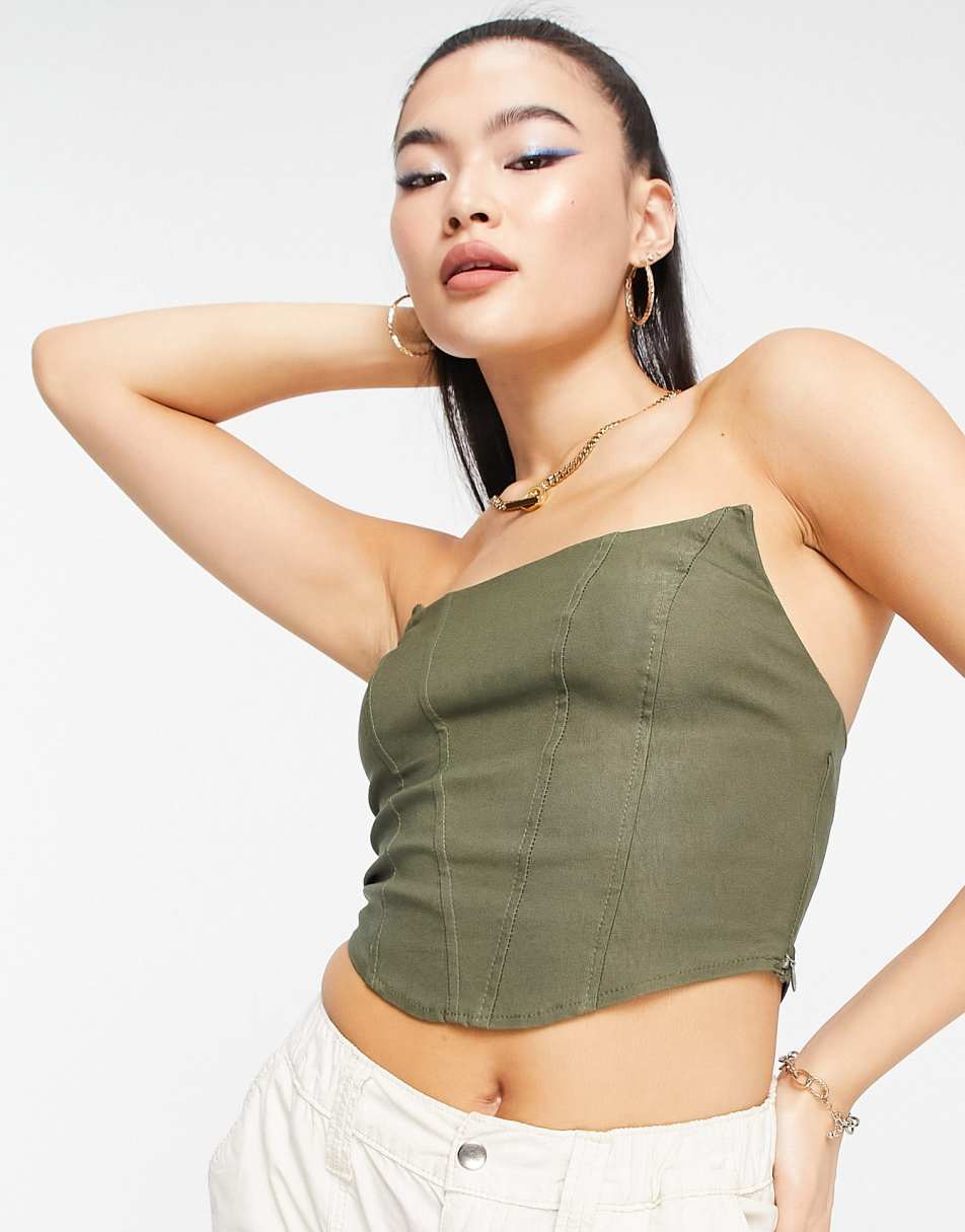 ASOS DESIGN natural effect corset top with seaming in khaki