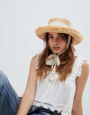 straw hat with ribbon chin tie