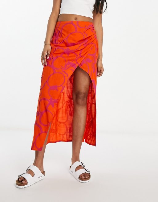 Orange Tie Dye Ruched Side Midi Skirt