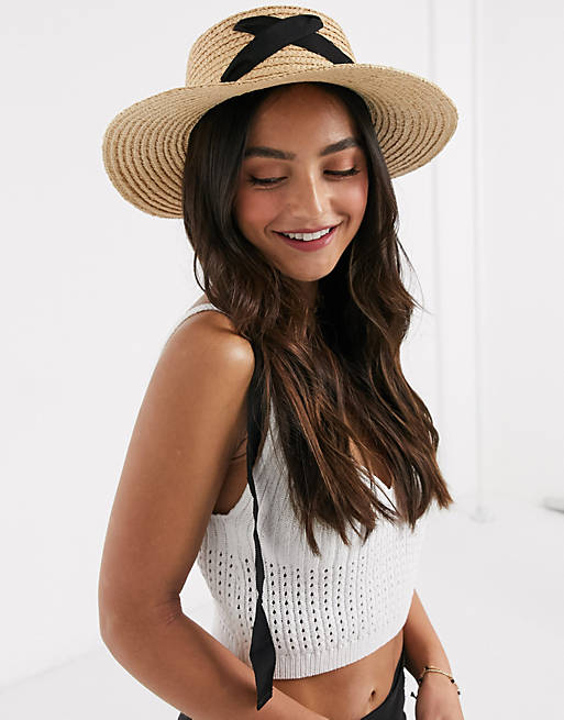 ASOS DESIGN natural straw boater hat with ribbon detail and size ...