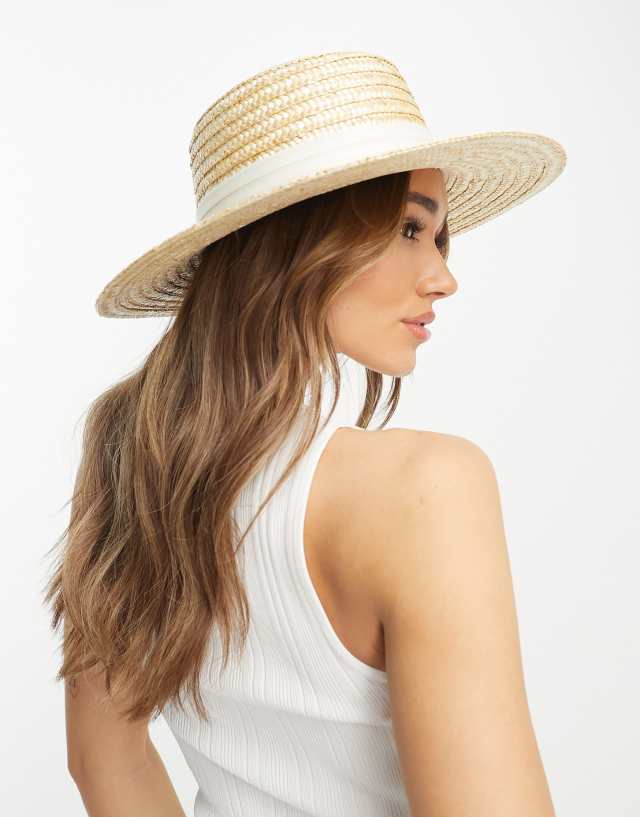 ASOS DESIGN natural straw easy boater hat with size adjuster and white band