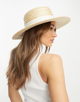 ASOS DESIGN natural straw easy boater with size adjuster and white band