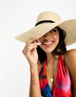 Asos Design Natural Straw Floppy Hat With Skinny Band And Size Adjuster-neutral