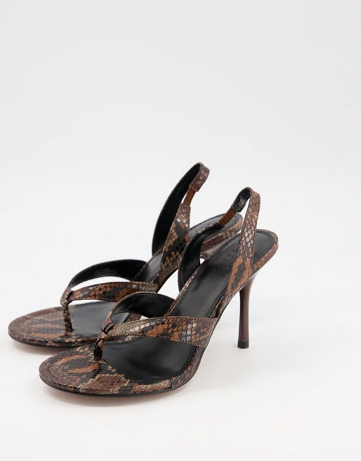 ASOS DESIGN toe thong slingback heeled sandals in brown snake