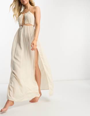 ASOS DESIGN - Naturfarbenes Maxi-Strandkleid mit Neckholder-Träger und überkreuzter Schnürung in der Taille-Weiß