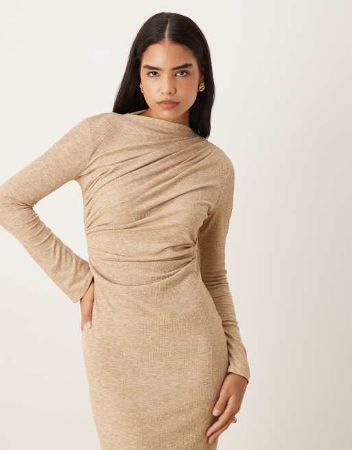 ASOS DESIGN – Naturfärgad, melerad, ribbad maxiklänning med drapering, 2 av 4
