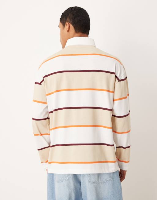 ASOS DESIGN – Naturfärgad, randig pikétröja i oversize med långa ärmar och texttryck, 3 av 5