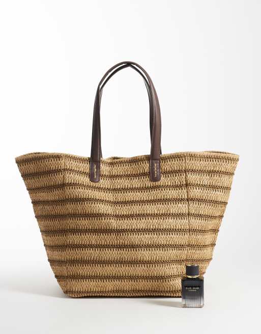 ASOS DESIGN – Naturfärgad, randig toteväska i oversize av strå med remmar i polyester, 2 av 4