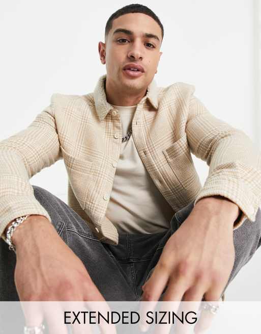 ASOS DESIGN – Naturfärgad rutig overshirt i ull med teddykrage