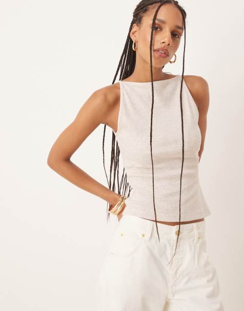 ASOS DESIGN – Naturfärgat linne med fyrkantig halsringning och randig textur - view 1