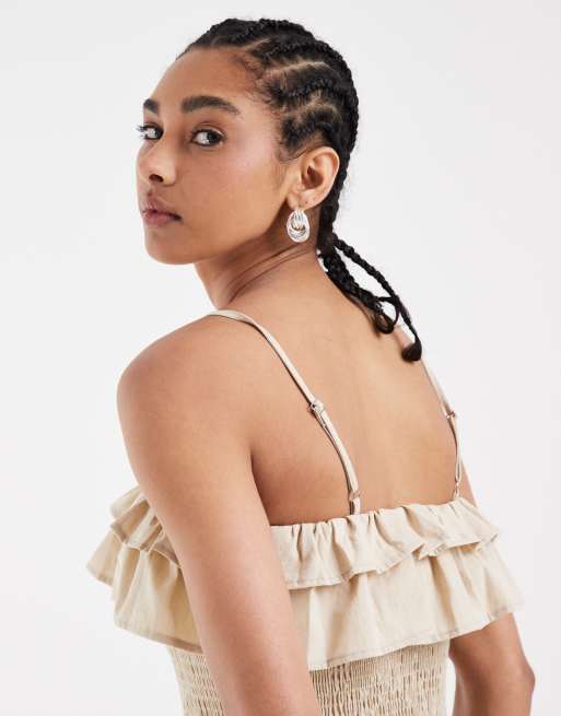 ASOS DESIGN – Naturfärgat set i linnemix med smockat linne med volang, 4 av 4