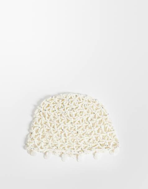ASOS DESIGN - Naturfarvet hæklet hue med detaljer i kanten i imiteret musling - view 1