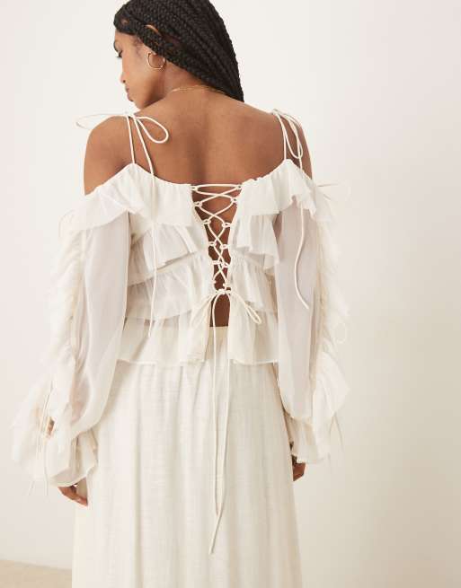 ASOS DESIGN - Naturfarvet offshoulder-top med flæser og bindebånd i ærmerne, 2 af 4