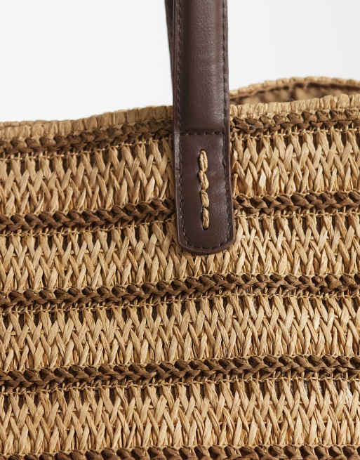 ASOS DESIGN - Naturfarvet oversized tote-taske med remme i PU og striber i strå, 3 af 4