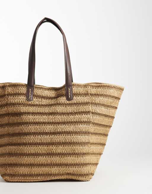 ASOS DESIGN - Naturfarvet oversized tote-taske med remme i PU og striber i strå, 4 af 4