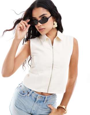 ASOS DESIGN – Naturvit, ärmlös jeanstopp med dragkedja - view 1