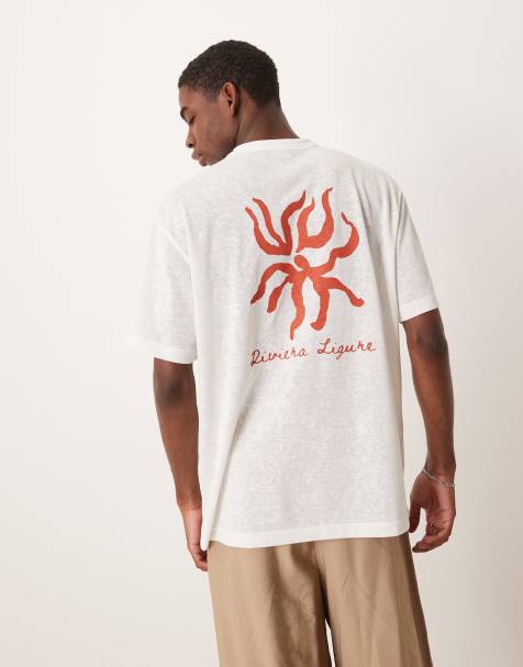 ASOS DESIGN – Naturvit, avslappnad t-shirt i linnestil med Riviera-tryck - view 1