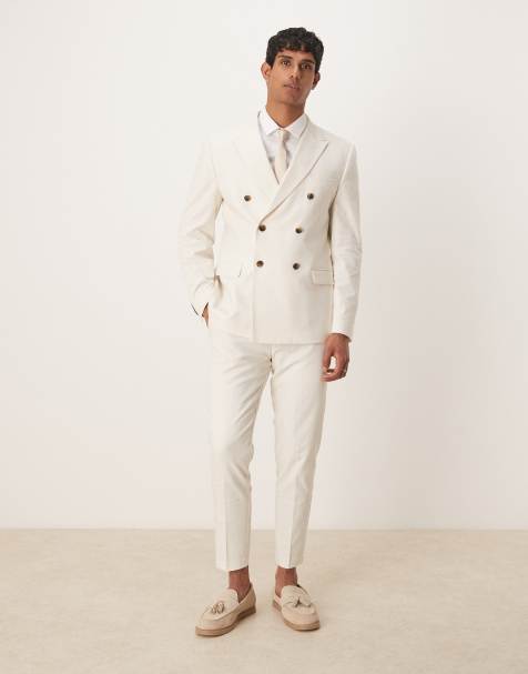 ASOS DESIGN – Naturvit, dubbelknäppt kavaj i linnemix med smal passform - view 1